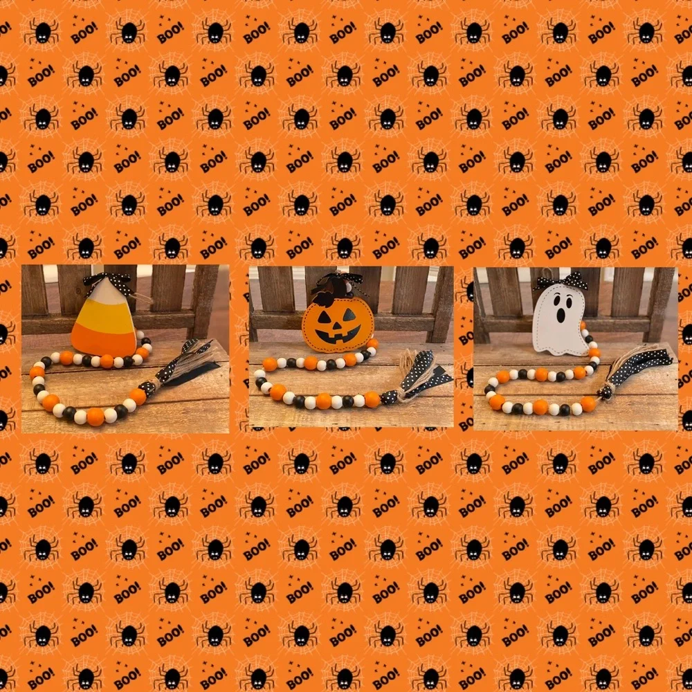 Halloween Beaded Garland Set Of 3, Candy Corn, Ghost & Jack-O-Lantern Garland